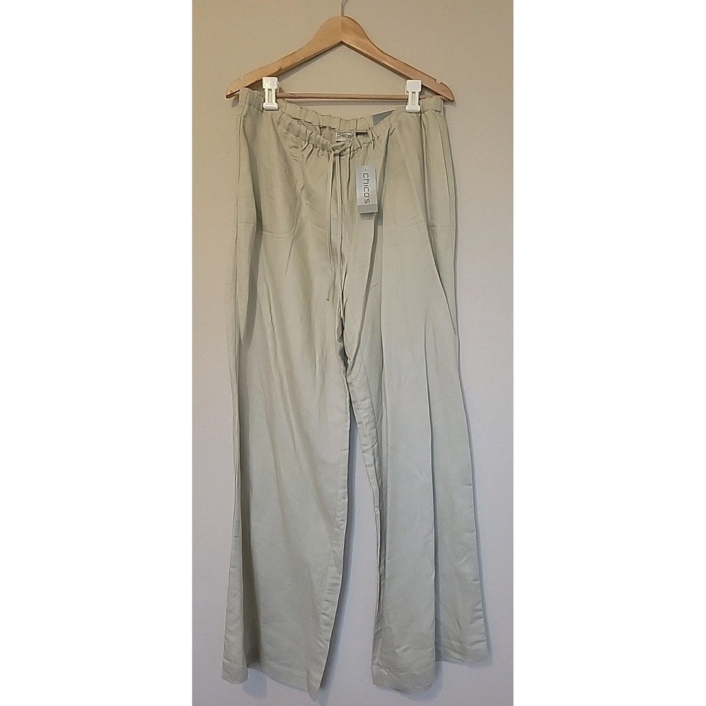 Chicos Easy Linen Blend Khaki Pants Size 2 Wide Leg Relaxed Drawstring Comfort